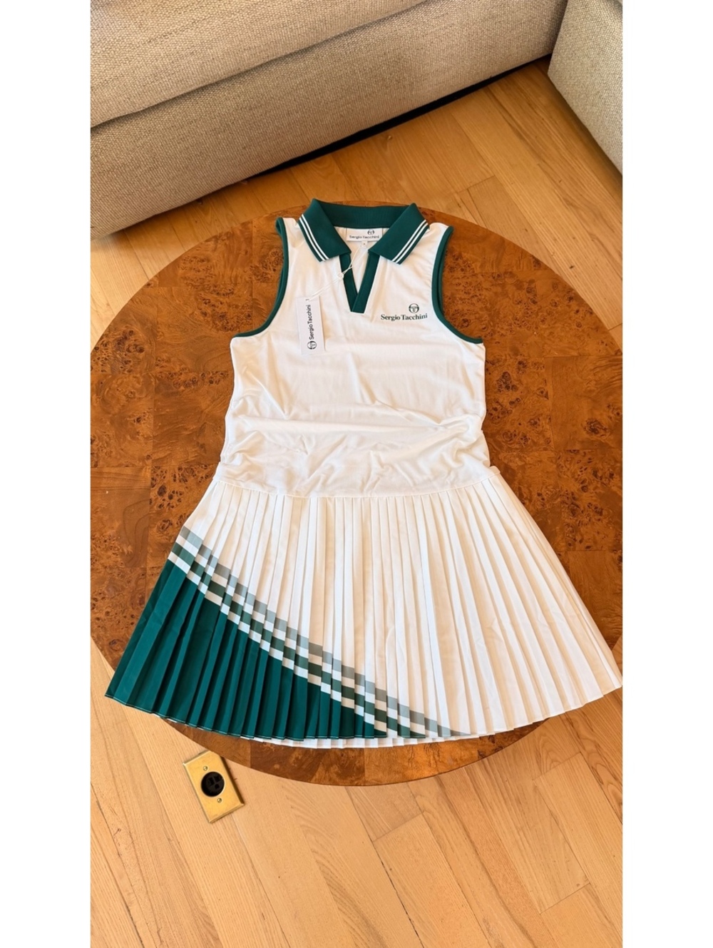 Sergio Tacchini White and Green Pleated Tennis Dress